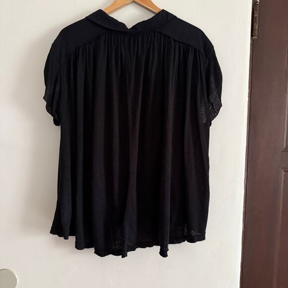 FREE PEOPLE | Black Linen Blend Swing Polo V Neck Swing Trapeze Top  Small - Picture 3 of 5